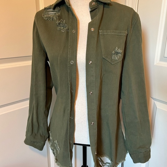 Army green denim, distressed, button-down jacket with collar - Picture 2 of 4